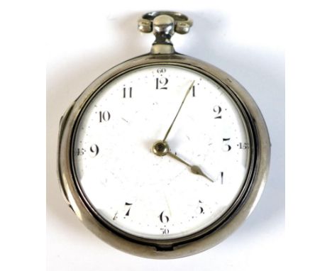 A George III silver pair cased pocket watch, with white enamel face, Arabic numerals and gilded hands, the verge escapement s