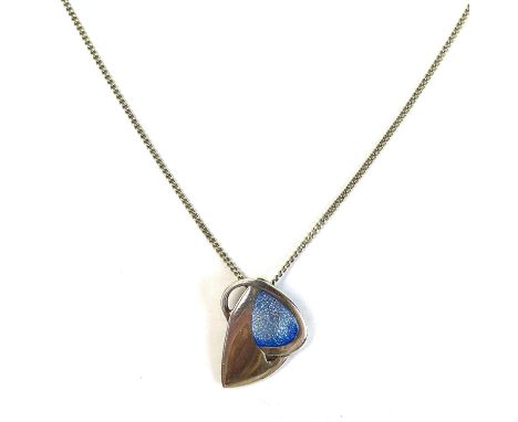 A Sheila Fleet silver and enamel necklace, modernist deign with pale blue enamel centre, marked to back, on silver chain, 3.6