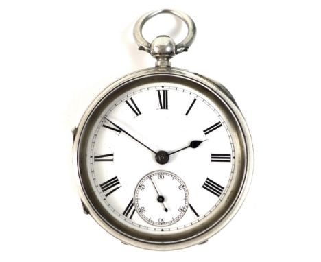 A Victorian silver open faced pocket watch, the white enamel dial with black Roman numerals, minute track and subsidiary seco