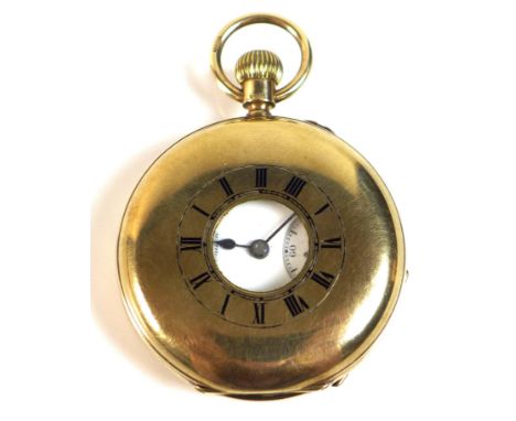 A 9ct gold cased half hunter pocket watch by J. W. Benson, keyless wind, white enamel dial with black Roman numerals, subsidi