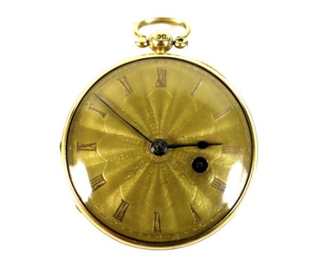 A William IV 18ct gold cased open faced verge fusee pocket watch, key wind, the gold sunburst engraved dial with gold Roman n