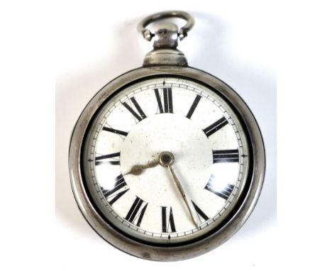 A Victorian silver pair cased pocket watch, with white enamel face, Roman numerals and gilt hands, the verge escapement movem