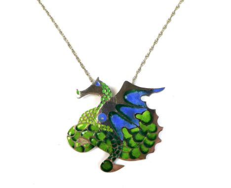 A silver and enamel necklace in the form of a dragon, enamelled in blues and greens, on sterling silver chain, London 1982, m