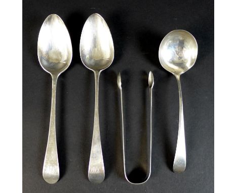 Four pieces of George II and later silver, comprising a George II sauce ladle, its finial engraved with an 'H', heavily rubbe