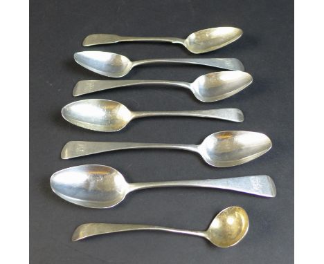 Six George III silver spoons, comprising five George III old English pattern dessert spoons, with 'THD' monograms, and rubbed