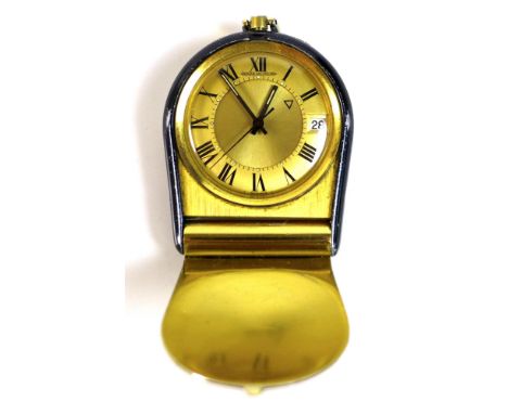 A vintage Jaeger LeCoultre pocket alarm clock, circa 1969, ref 11074.71, the brushed gold dial with black Roman numerals, min