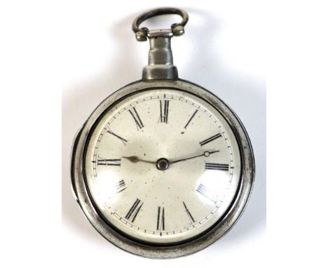 A George III silver pair cased pocket watch with verge escapement by John Peterkin, London, numbered 795, enamel dial with Ro