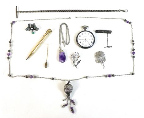 A small group of Continental silver items, comprising a quartz bead filigree necklace, 84cm, a quartz pendant necklace, quart