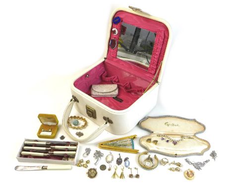 A 9ct gold earring, 0.5g and a collection costume jewellery, including some silver pieces, three enamel badges for MaxFactor 