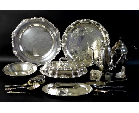 A collection of silver plated wares, including Danish items, a presenttion tray and another, a bowl, two coffee pots, a turee