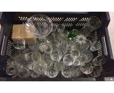 A crate of assorted vintage glassware to include 1951 Festival of Britain vase.