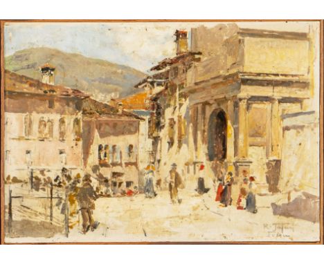 Raffaele Tafuri (Salerno 1857 - Venezia 1929), “Feltre”. Olio su cartone, firmato e titolato in basso a destra “R. Tafuri/Fel