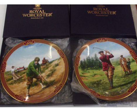 Two Royal Worcester cabinet plates depicting golfing scenes, in original boxes and sleeves 