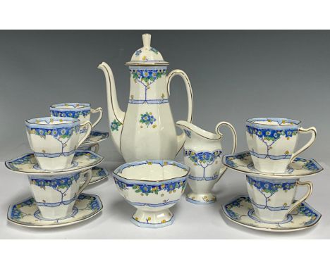 An Art Deco coffee service for six, Royal Doulton Arvon pattern, comprising coffee pot, cups, saucers, cream and sugar