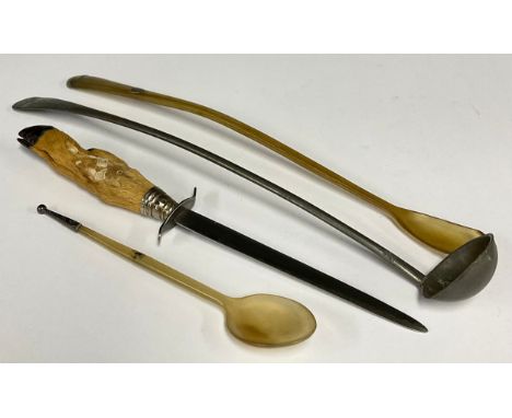 Two silver mounted horn spoons; pewter ladle; paper knife