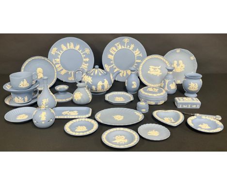 A Wedgwood blue jasperware teapot; other Wedgwood jasperware, including vases, teacups and saucers, boxes, trinket dishes, pl