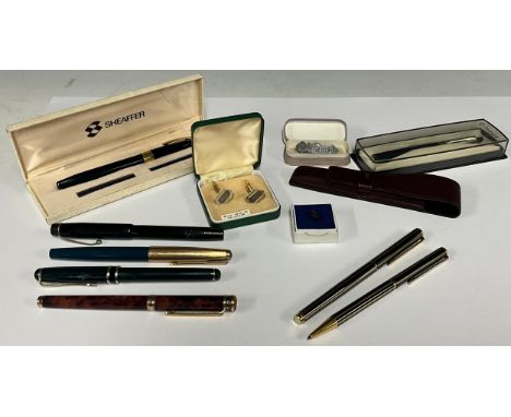 A Rolls Royce RR silver tie pin, boxed;  Mother brooch;  pair of 9ct gold on silver cufflinks, fountain pens, roller balls et