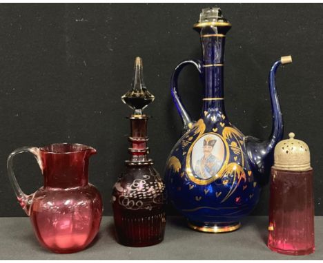 Turkish wine jug, two portrait panels; cranberry jug; sifter; a bohemian red glass decanter (4)