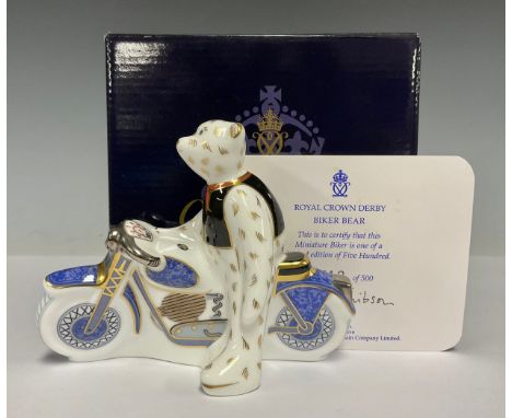 A Royal Crown Derby miniature model, Biker Bear, limited edition 312/500, printed mark in red, certificate, boxed