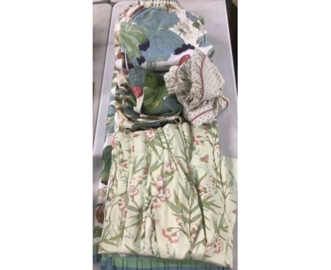 Interior Design - a pair of curtains, bird and bamboo pattern, 116cm long; a pair of heavy cotton seat covers, kingfisher pat