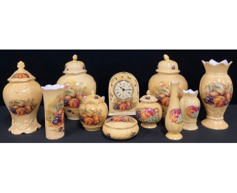 Aynsley Orchard Gold inc pair of covered ginger jars, others smaller, vases, clock,  trinket dish and cover etc