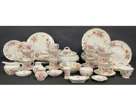 A Royal Crown Derby Posies pattern part dinner and tea service, comprising tureen and cover, cake stand, sauce boat and stand