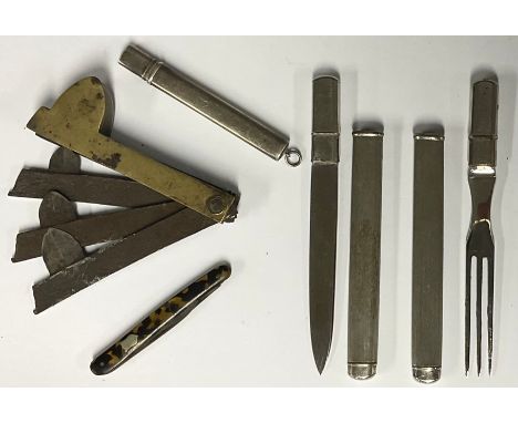 A Georgian fleam; silver cased knife; knife and fork; a tortoiseshell penknife