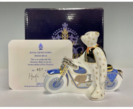 A Royal Crown Derby miniature model, Biker Bear, limited edition 457/500, printed mark in red, certificate, boxed