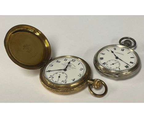 A Thomas Russell Liverpool gold plated hunter cased pocket watch, The Russell model, shield topped case, white dial, Arabic n