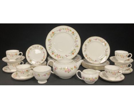 A Wedgwood Mirabelle R4537 pattern tea set for six, comprising teapot, teacups, saucers, sugar bowl, cream jug, side plates, 