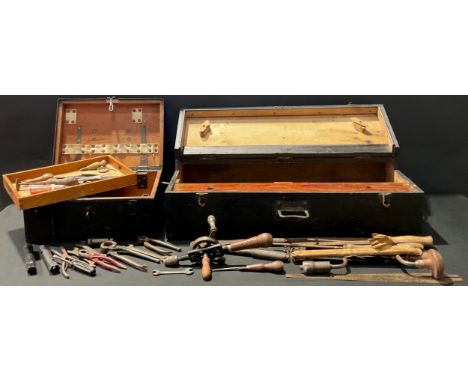 A stained pine carpenter's work box, initialed HEM, 81cm wide, a small selection of woodworking hand tools; another smaller s