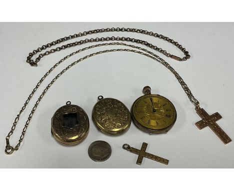 A 9ct gold crucifix pendant necklace; a 9ct gold chain, a/f; a 9ct gold fob watch, a/f; a Victorian rolled gold oval locket, 