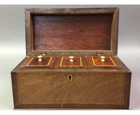 MAHOGANY OBLONG TEA CADDY 19TH CENTURY  the interiors with three lidded compartments.This lot contains elephant ivory materia