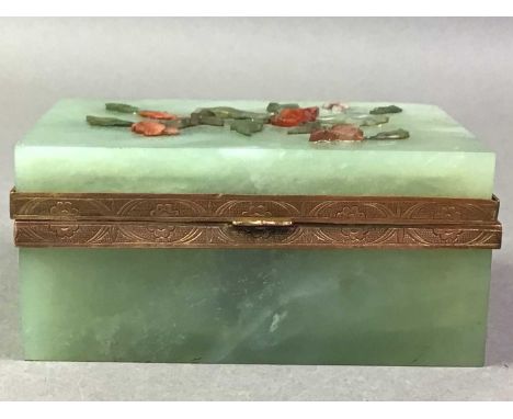CHINESE CASKET AND OTHER ITEMS  the early 20th century green hardstone casket decorated in relief with agates, along with a M