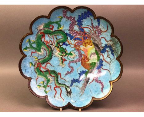 OPPOSING PAIR OF JAPANESE GINBARI ENAMEL CHARGERS LATE MEIJI PERIOD (1868-1912) each decorated with phoenix and dragon agains