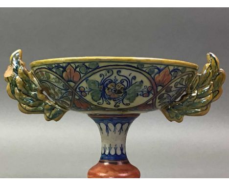 CHINESE CANTON FAMILLE ROSE BOWL ALONG WITH A GERMAN BOWL AND A MAJOLICA COMPORT the comport with twin feather handles and wi