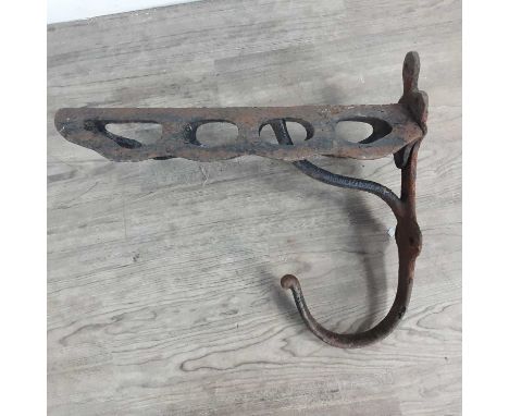 METAL SADDLE RACK WITH OTHER ITEMS including shoe lasts, drill brace with drills, block planes and a pair of hand sheep shear