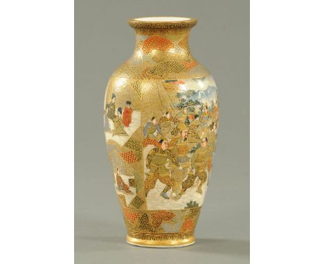 A Satsuma vase by Gyokuzan, Meiji period, decorated with panels of immortals, warriors and ladies against a brocaded ground b