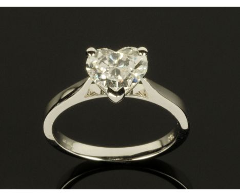 An 18 ct gold single stone heart shaped diamond ring, diamond weight +/- 1.5 carat with GIA Certificate, colour grade E, clar