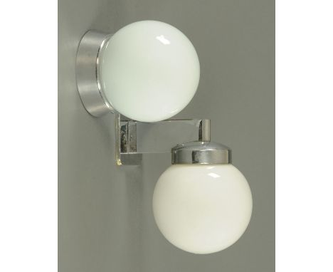 A Troughton and Young Ultralux wall light, circa 1930, with milk glass globe and chromium plated mount and a similar ceiling 