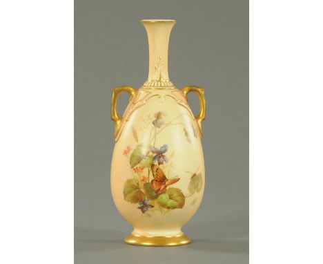 A Royal Worcester two handled vase, 1897, decorated with a butterfly amongst flowering foliage and verso a floral spray, heig