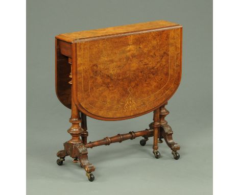 A late Victorian walnut small Sutherland table, being boxwood strung and with Florentine marquetry, raised on turned supports