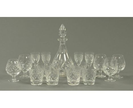 A part suite of Webb Corbett drinking glasses, 20th century, comprising decanter, six whisky tumblers, five brandy balloons a