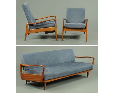 Greaves and Thomas, a 1960's dark teak three piece suite, comprising sofa bed, reclining armchair and armchair, re-upholstere