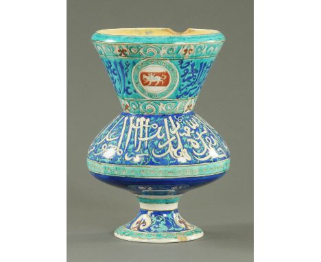 Theodore Deck (1823-1891) mosque lamp vase, circa 1860/70, of typical form with bold calligraphy against a cobalt and turquoi