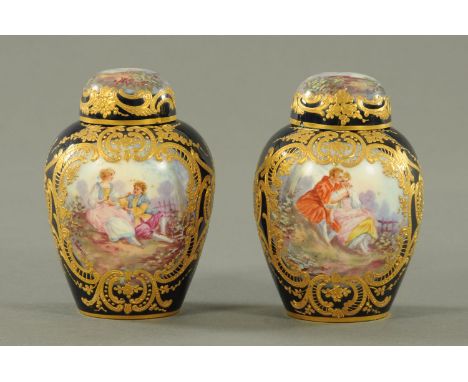 A pair of Sevres style vases and covers, late 19th century, each decorated with courting couples after Louis Remy Robert, and