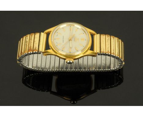 A vintage Roamer Swiss stainless steel and gold plated wristwatch, baton markers, manual and with expanding metal bracelet.  