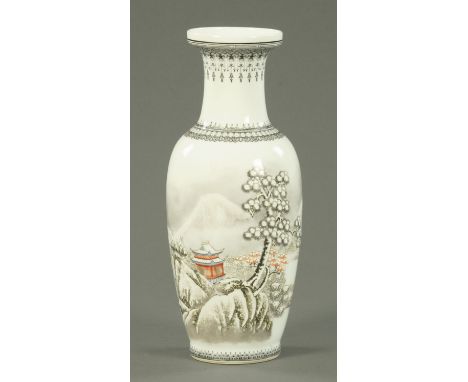 A Chinese vase, Cultural Revolution period, circa 1970, decorated with a winter scene of a pagoda amongst rock work and pine 