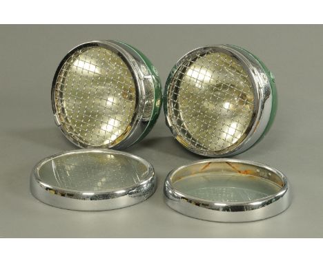 A pair of Rotax Vintage Car headlights, circa 1930's, chromium frame and hinged grill with textured glass, and British Racing