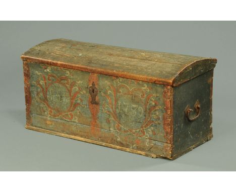 An 18th century Scandinavian painted trunk, dated 1759, with original hinges, lock and plate.  Width 101 cm (see illustration